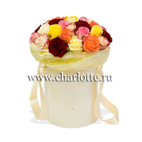 Розы в шляпной коробке "Skittles" (31 роза) СУПЕРЦЕНА!!!